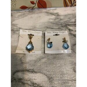 Stunning VTG Signed WW Wang Designs Blue Swarovski Crystal Pendant & Ear Rings